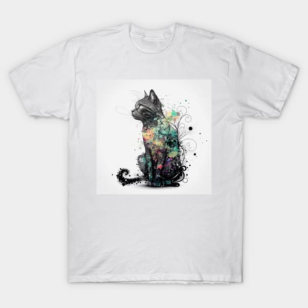 Illustration of a sitting black and white cat, head turned to the side. Torso and legs of the cat are covered in colourful violet, blue, red, yellow and pink lotus flowers T-Shirt by laverdeden